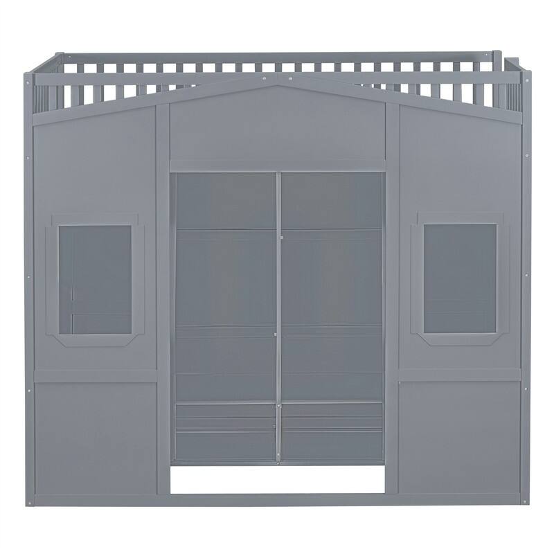 Solid Wood Loft Bed w/ Bulit-in Wardrobe, Hanging Rod & Storage Shelves, Twin/Full Size Playhouse Design Loft Bedframe w/ Window