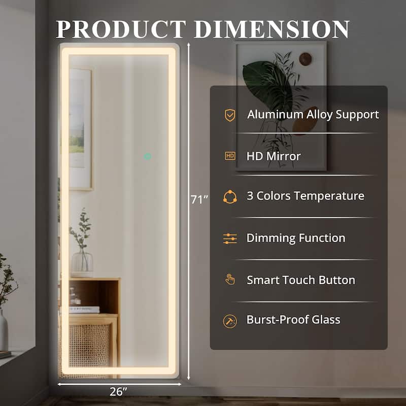 Rectangle Aluminum Alloy Frame Full Length Mirror with Stand & Dimmable 3-Color Lighting for Bedroom Cloakroom