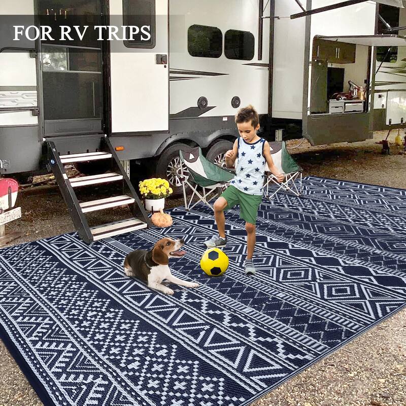 Outdoor Rug Waterproof Patio Rug Mat Geometric Rug Plastic Straw Outside Rug for RV Camping Picnic Reversible Rug
