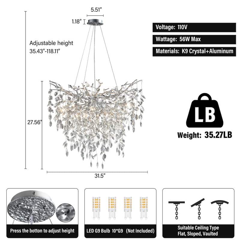 Modern Round Branch Crystal Chandelier, 600-1200mm Diameter, Marquise Cut Crystal Pendant Light