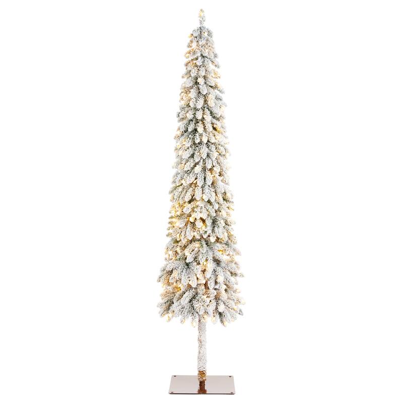 Glitzhome 4.5ft/6ft/7.5ft Pre-Lit Flocked Artificial Snowy Downswept Christmas Tree with Foot Pedal Control LED Lights