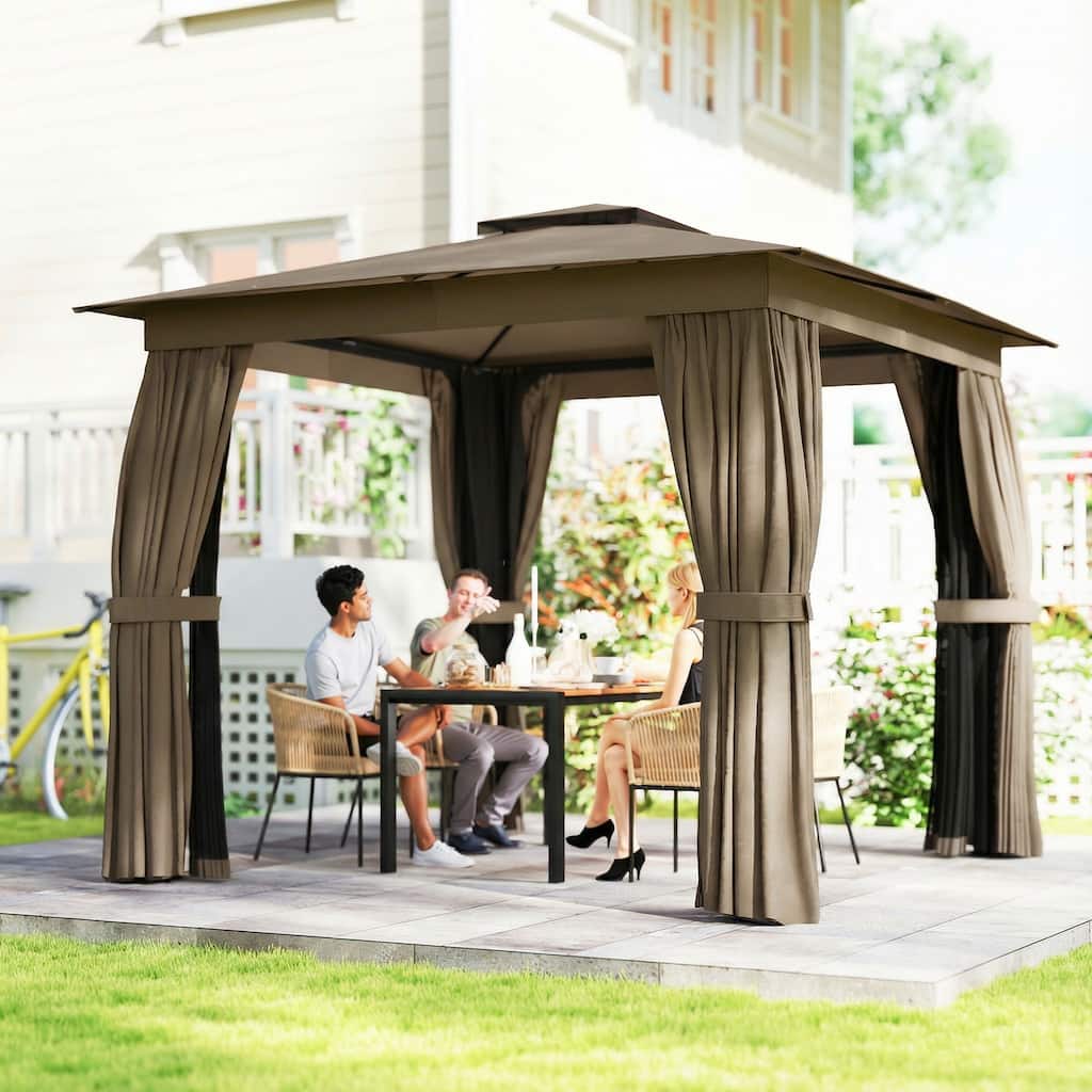 Outsunny 10' x 10' Outdoor Patio Gazebo, Soft Top Gazebo Canopy Shelter with Double Roof, Curtains, Netting, Steel Frame