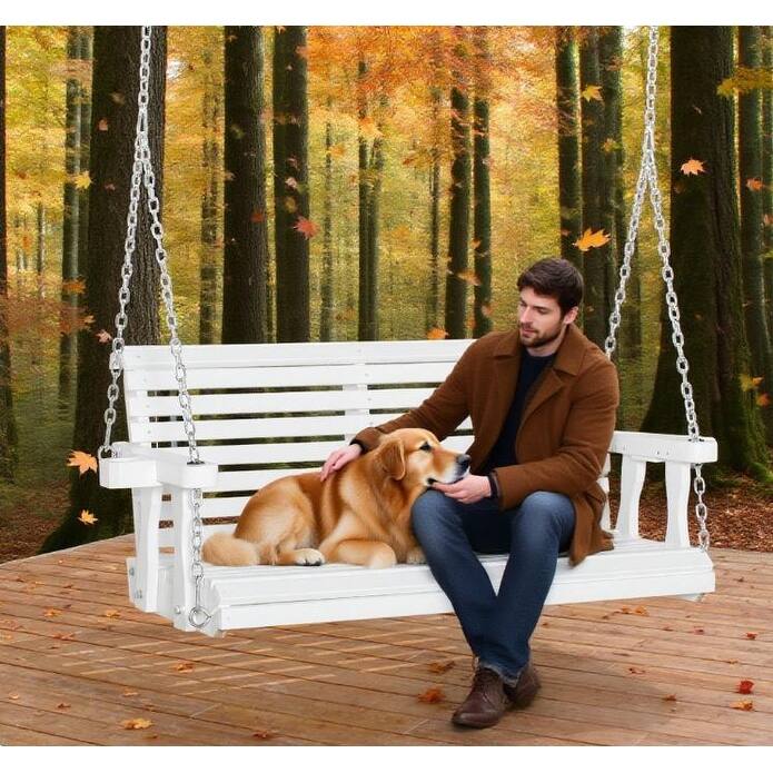 Porch Swing with Chains and Cupholders, Wooden Patio Swing Chair