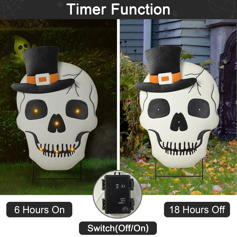 Glitzhome 38"H LED Lighted Halloween Metal Skull Yard Stake with Timer