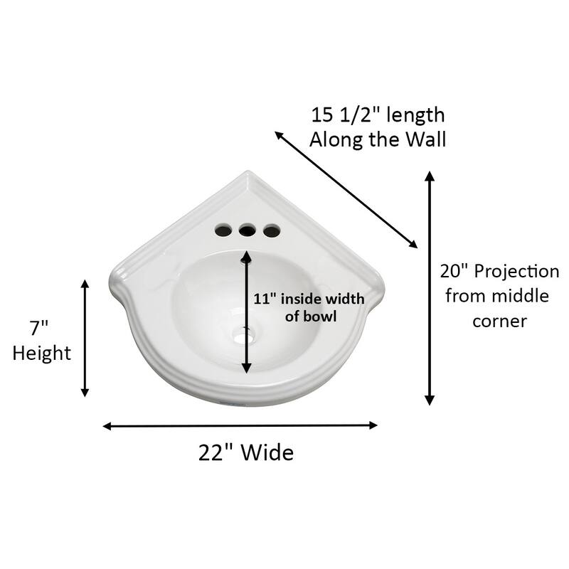 Portsmouth White Ceramic Corner Wall Mount Bathroom Sink with Overflow, Bracket and Backsplash