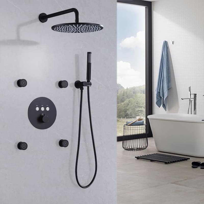 3-Way Complete 12'' Rain Shower System with 4 Body Jets and High-pressure Handheld Shower Head in Black/Nickel/Chrome, Wall - Matte Black