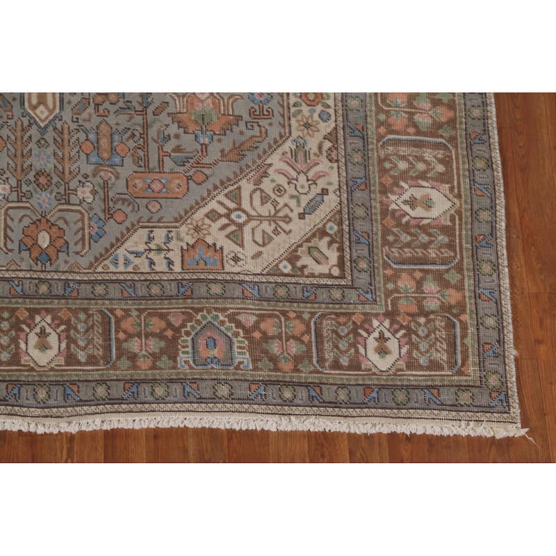 Gray Geometric Tabriz Persian Vintage Rug Hand-Knotted Wool Carpet - 6'5" x 9'5"