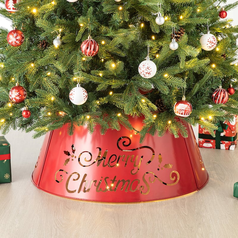 Glitzhome 26"D "Merry Christmas" Die-Cut Metal Tree Collars with Light String