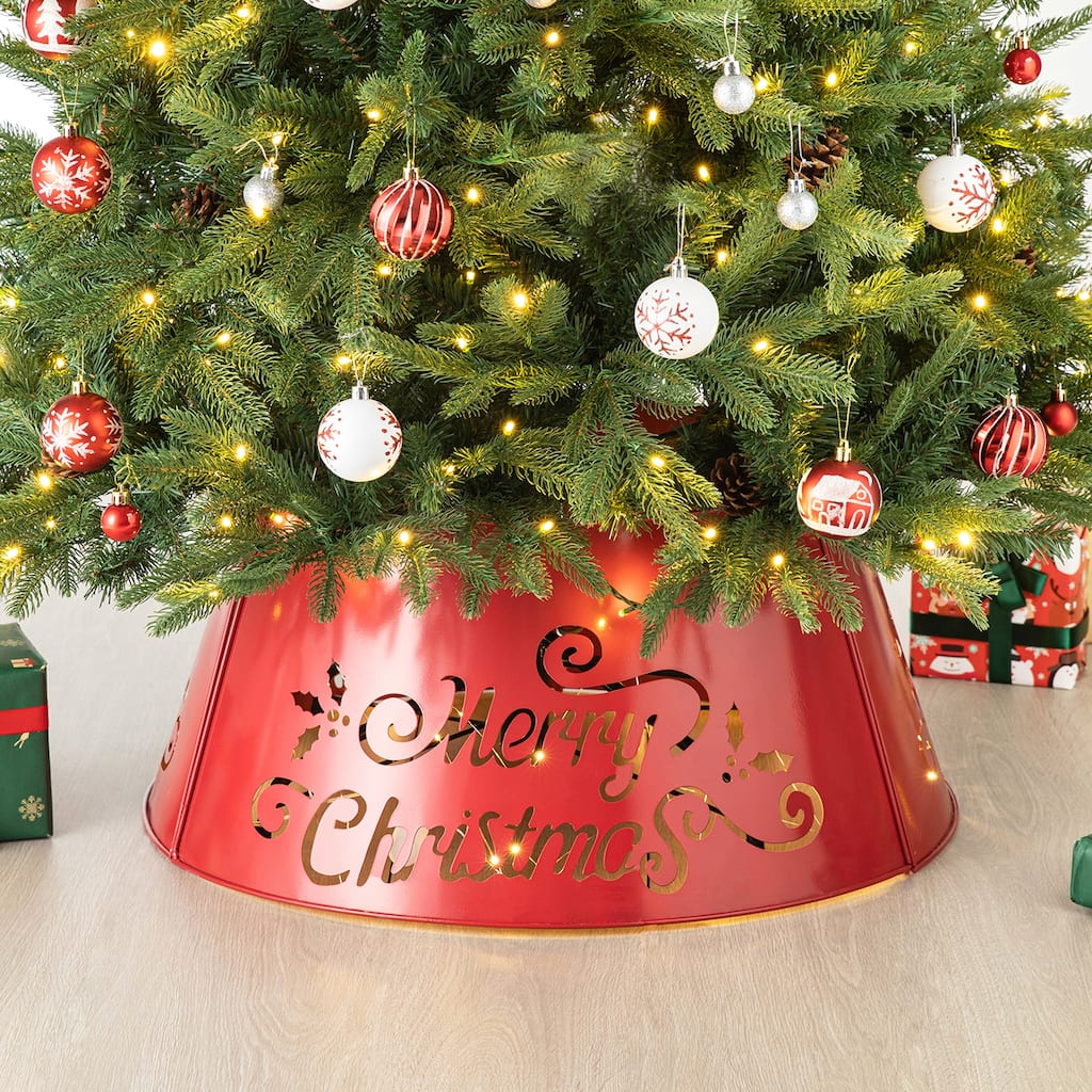 Glitzhome 26"D "Merry Christmas" Die-Cut Metal Tree Collars with Light String