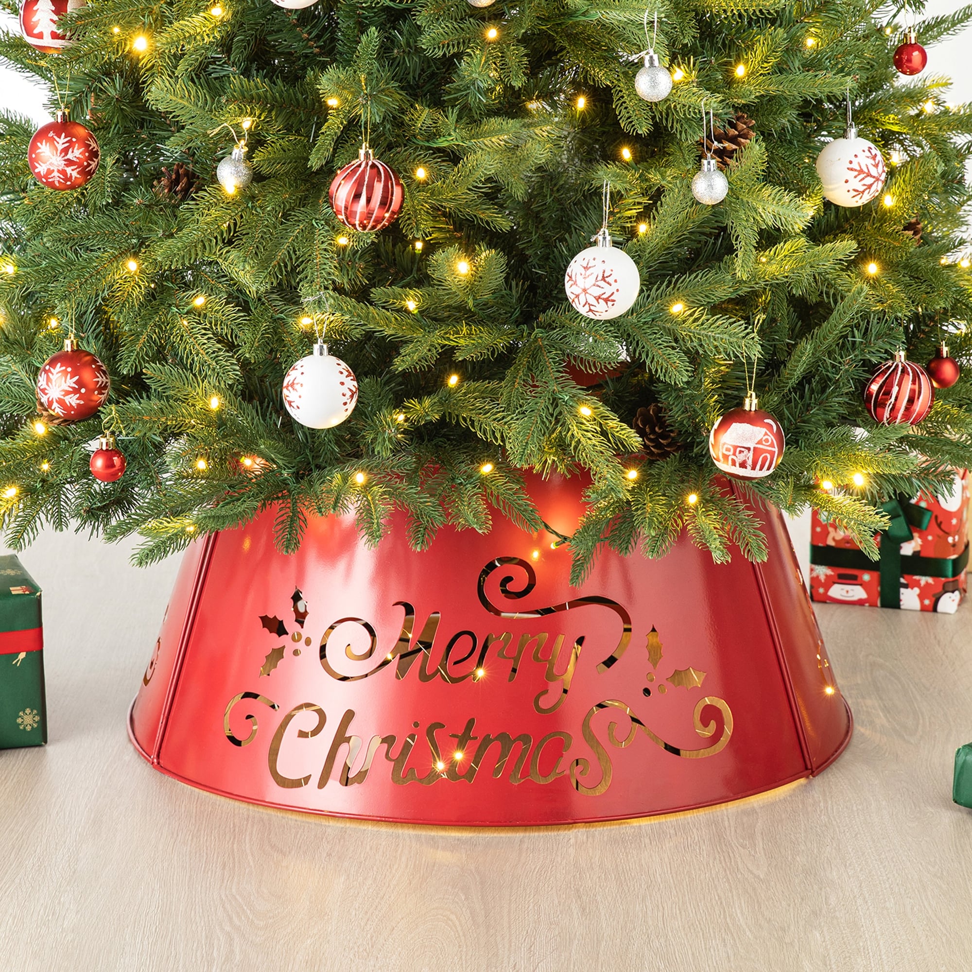 Glitzhome 26"D "Merry Christmas" Die-Cut Metal Tree Collars with Light String