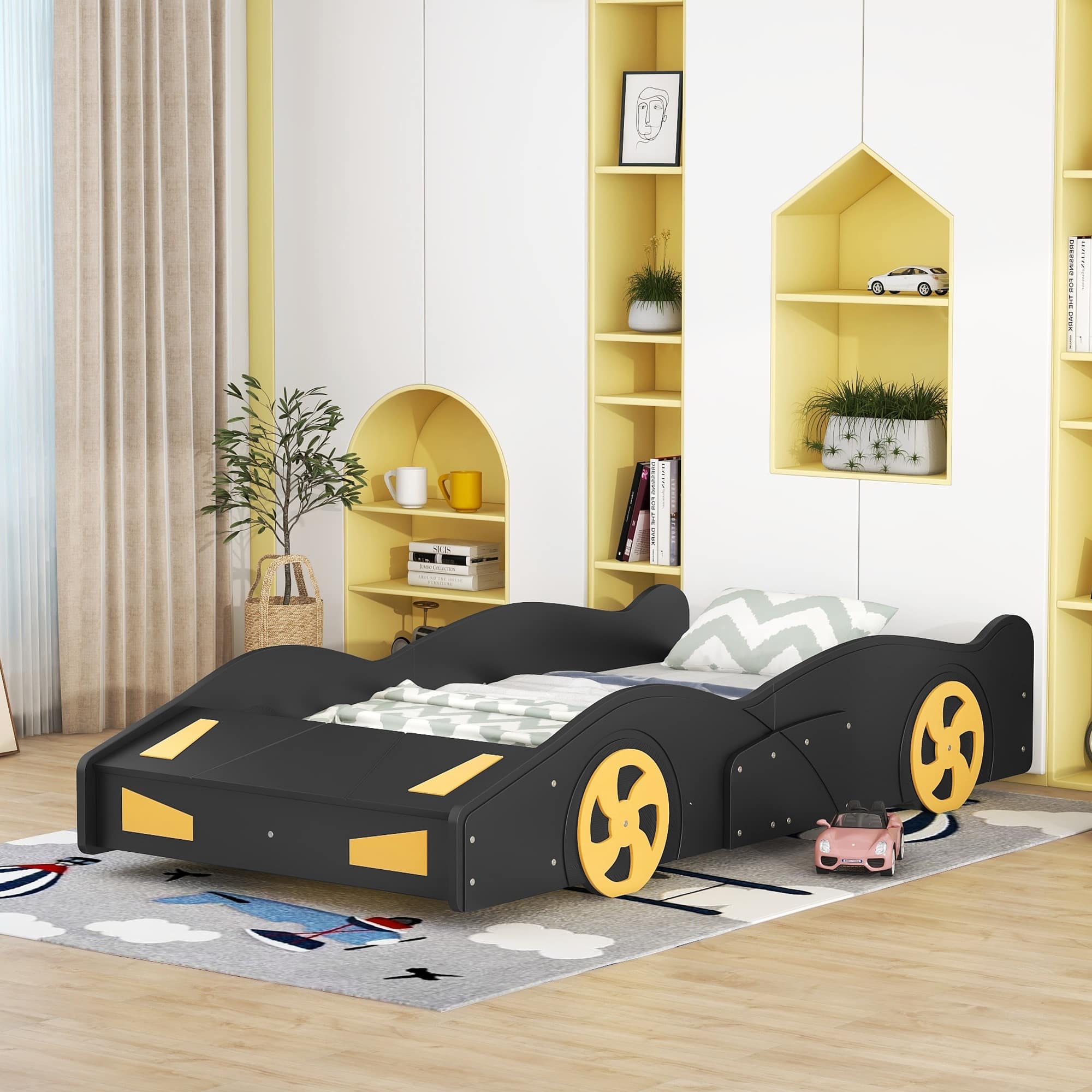 Twin Size Race CarShaped Platform Bed with Wheels and Storage On