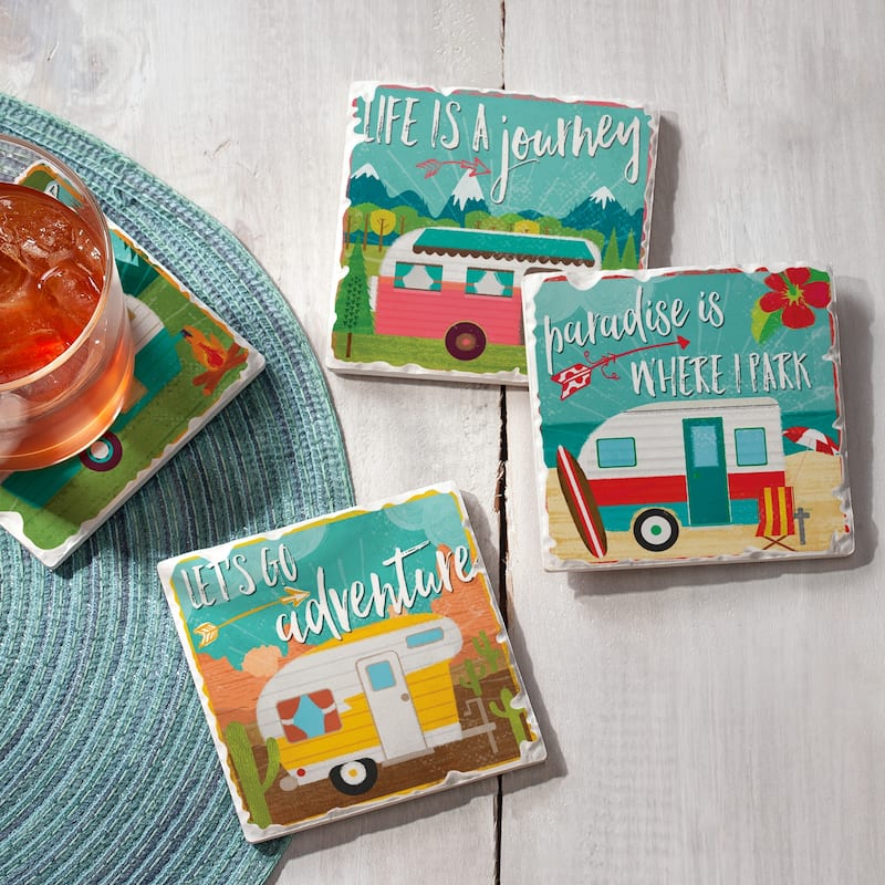 Counterart Absorbent Stone Coaster, Happy Campers, Set of 4 - 4.01x4.08
