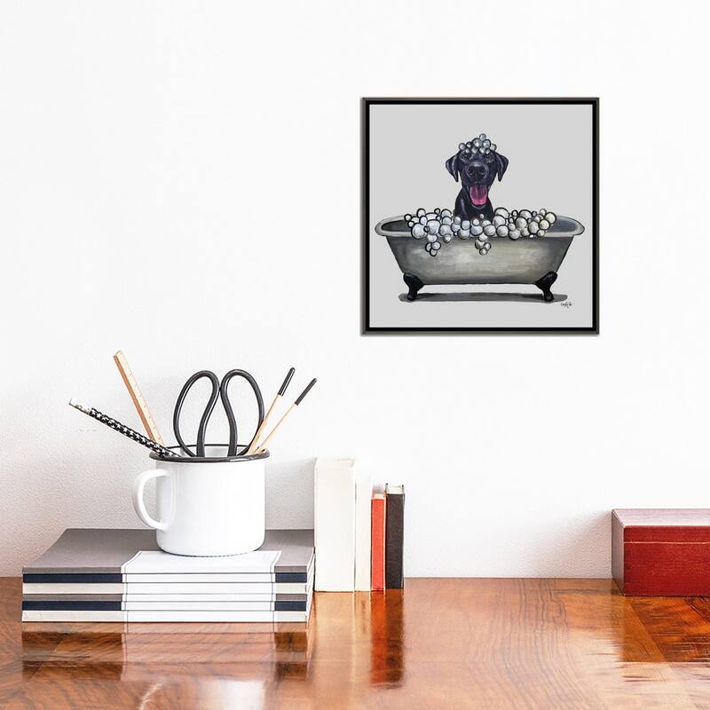 iCanvas "Dogs In The Tub Series, Black Lab In Bathtub" by Hippie Hound Studios Framed