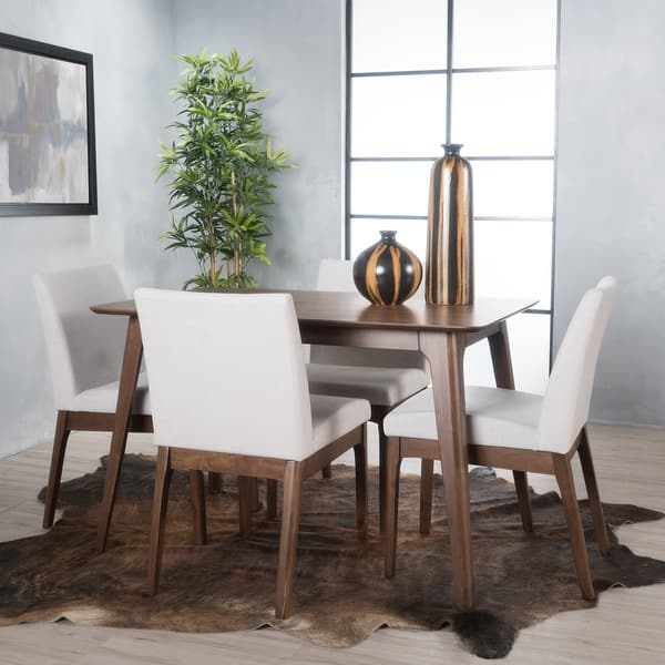 slide 2 of 15, Christopher Knight Home Prazen Mid-Century Modern 5-piece Dining Set Natural Walnut + Light Beige