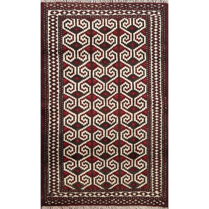 Geometric Persian Balouch Traditional Area Rug Handmade Wool Carpet - 2'8" x 3'8"
