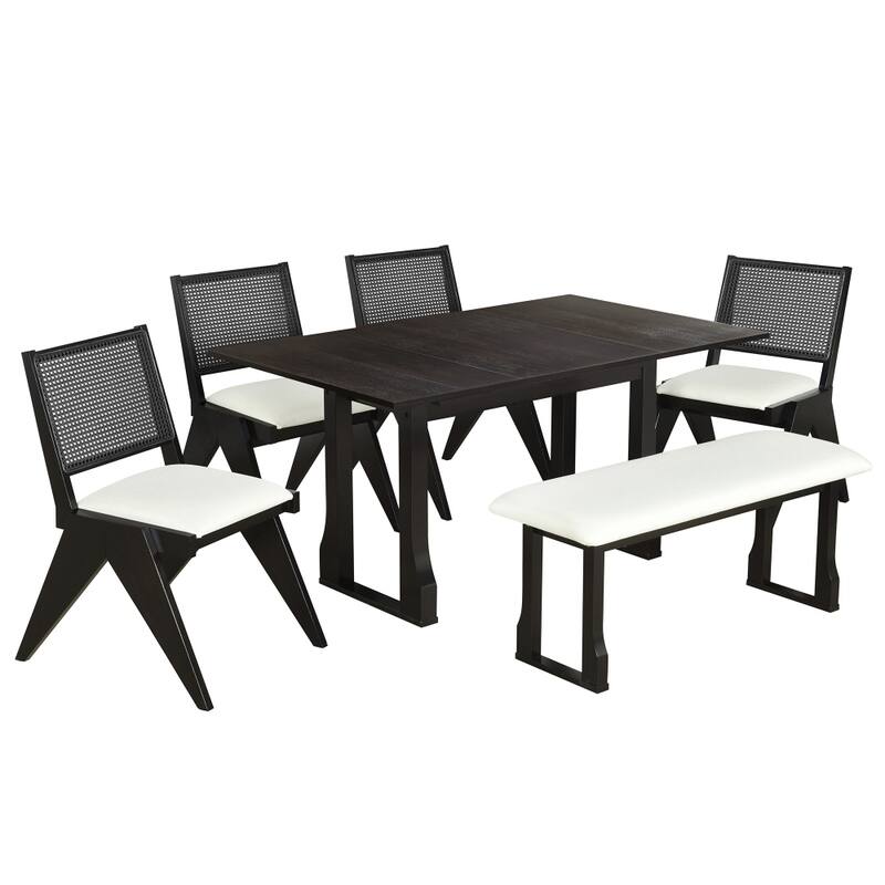 6-Piece Extendable Dining Table Set with Removable Leaf, Long Bench
