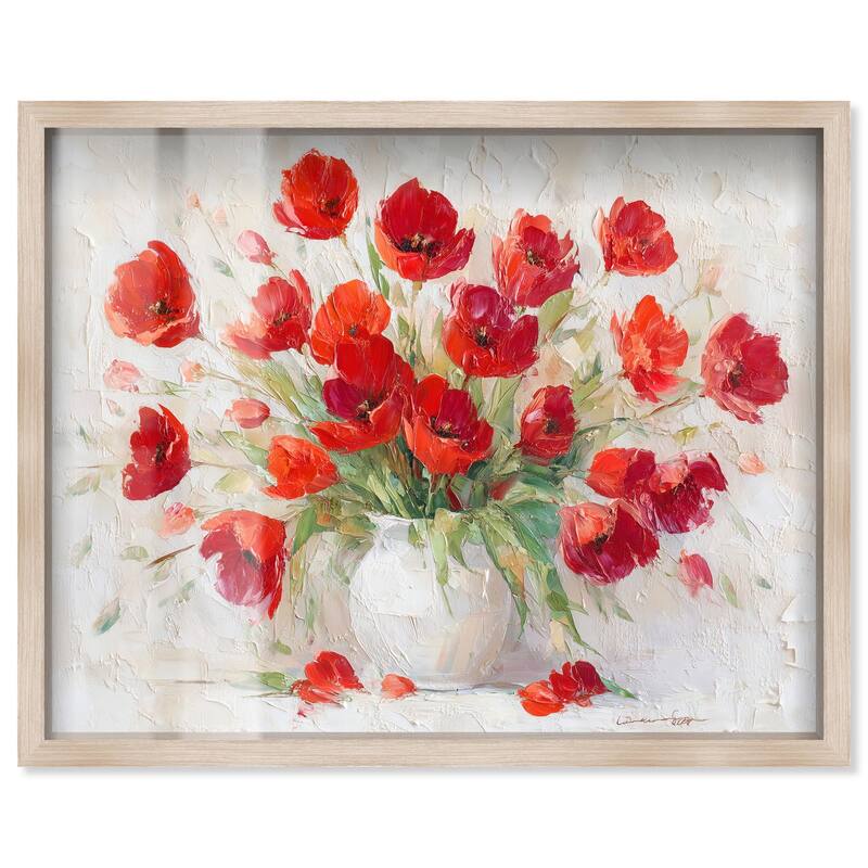 Red Blooms in a Vase Shadowbox by Art Remedy - Natural - 30" x 24"