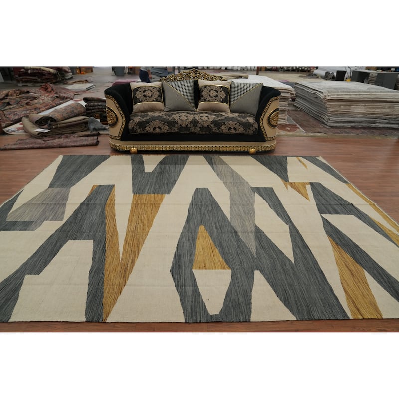 Hand Woven Oriental 100% Wool Carpet Southwestern Modern Beige & Ivories Kilim Area Rug - 12' 2'' X 9' 0''