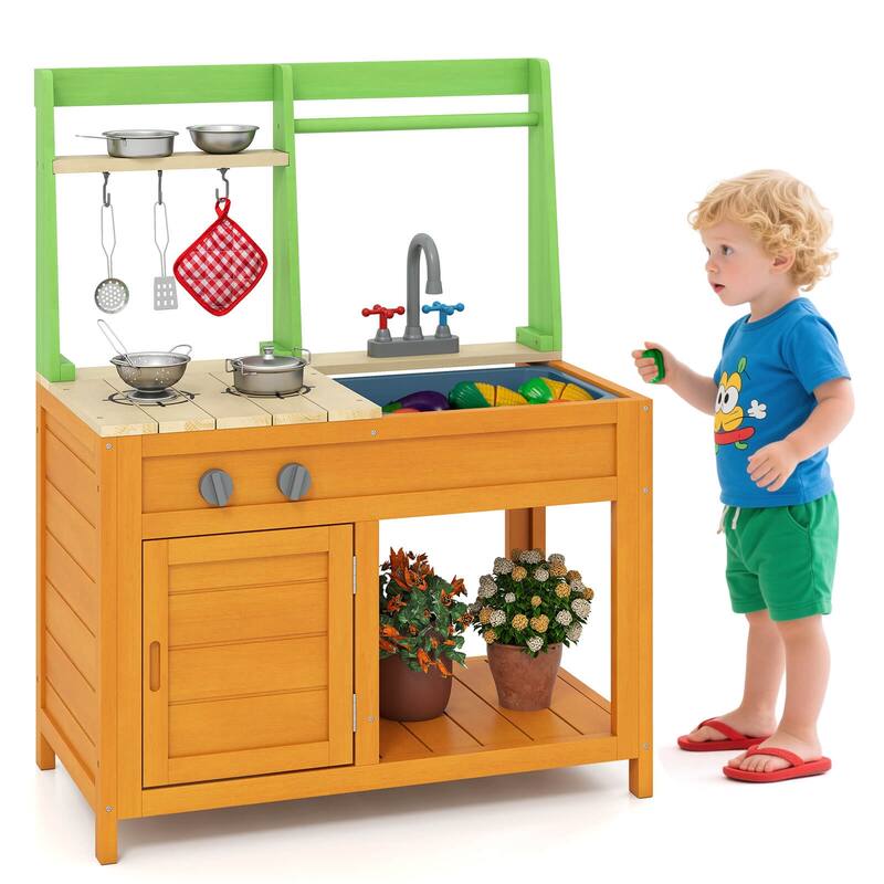 Costway Mud Kitchen for Kids with Realistic Stoves Faucet Sink Oven & - See Details - Green + Yellow - See Details
