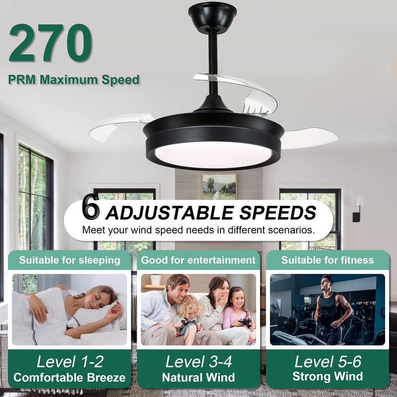 Cusp Barn 36 Inch Retractable Ceiling Fan with Lights, Modern 6 Speeds Silent DC Motor Fandelier Ceiling Fan for Bedroom