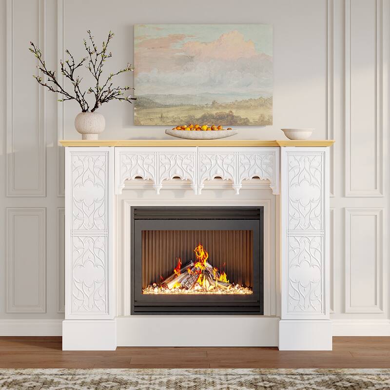 Solid Pine Wood Fireplace Mantel Cabinet with Hidden Storage – White Decorative Console