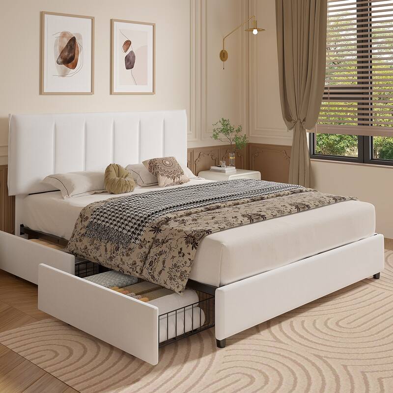 VECELO Bed Frame with 4 Storage Drawers, Upholstered Platform Bed Frame with Adjustable Headboard