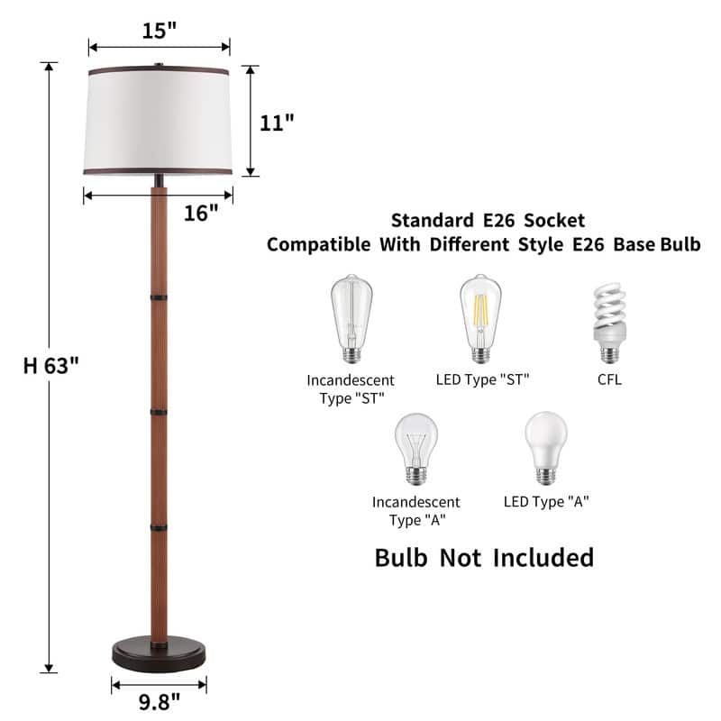 KAWOTI Traditional & Farmhouse Brown Accent Floor Lamp with Drum Shade - W16" x H63"
