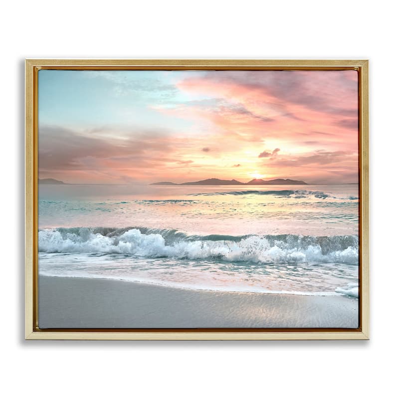 Stupell Morning Sunrise Beach Landscape Distant Mountains Rolling Tide Floater Frame - Orange - 31 x 25 - Gold