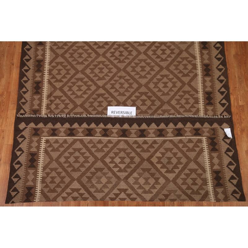 Brown Kilim Oriental Area Rug Hand-woven Wool Carpet - 6'11"x 9'6"