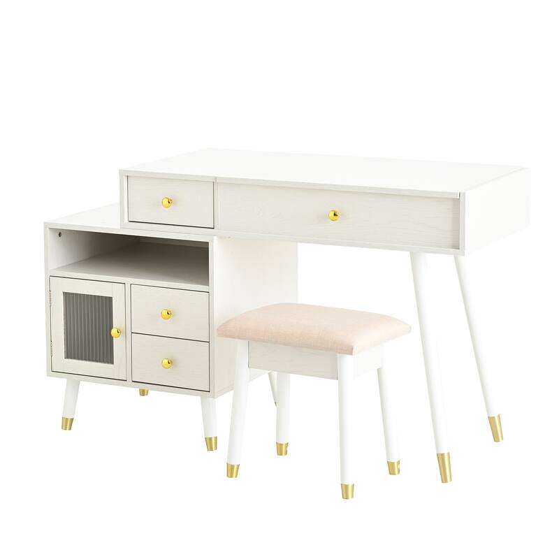 Extendable Makeup Dressing Table with Stool, 3-in-1 Makeup Vanity Desk with Flip-Top Mirror & 3-Color LED Light, White