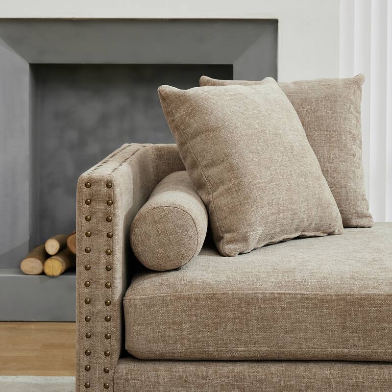 75.2"Wide Upholstered Chaise Lounge with Nailheads, Sleeper Sofa Couch With 4 Throw Pillows & 2 Bolsters, Rubberwood Legs