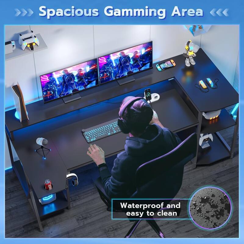 PC Gamer Desk Computer Desk Monitor Stand LED Lights Storage Shelves