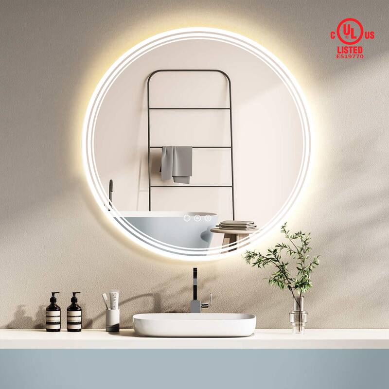 UL Certified Round Frameless Wall Mounted Anti Fog LED Bathroom Vanity Mirror, 3-Color Dimmable, HD Tempered Glass