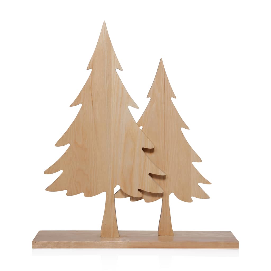 Natural Ash Wood Silhouette Double Christmas Trees on Base