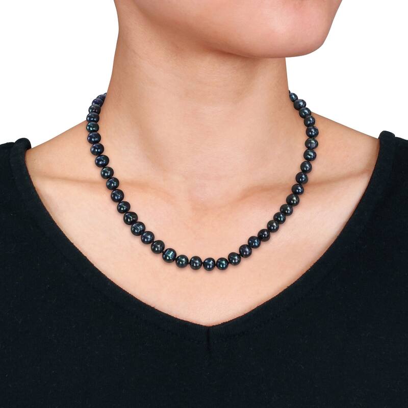 Miadora 3 Pc Set Of 7.5-8mm Black FW Cultured Pearl 18" Necklace, Stretch Bracelet & Silver FW Pearl Earrings