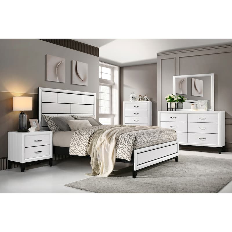 King Size Wood Panel Bed with Black Line Design and Upholstered Headboard