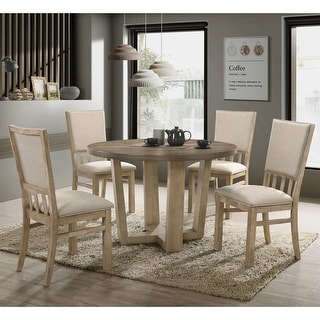 Vintage Walnut 5 Piece Round Dining Table Set with Fabric Chairs - Bed ...