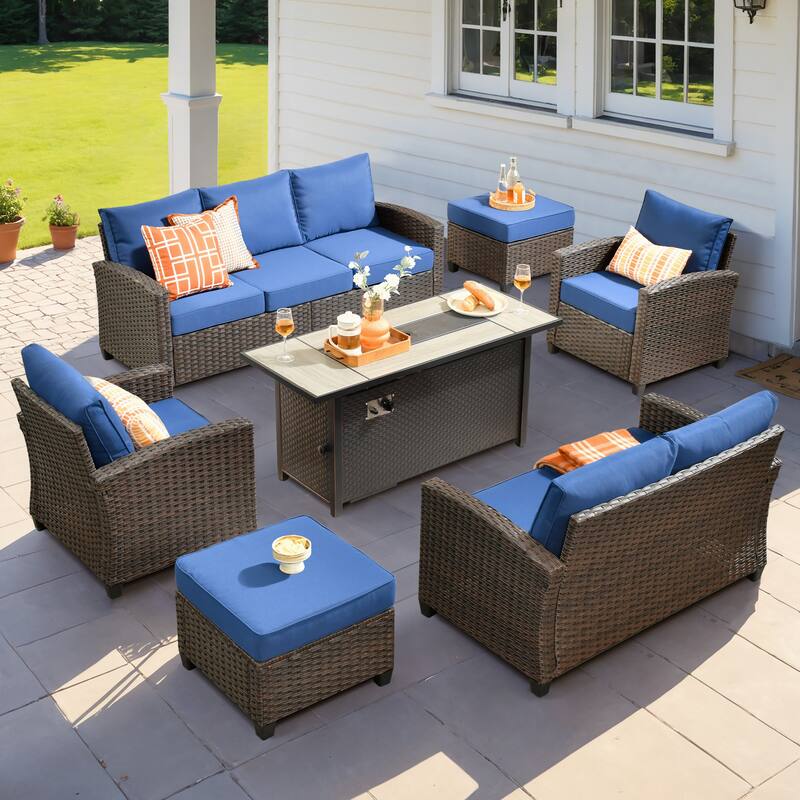 XIZZI 7-piece Patio Furniture Conversation Set with 54" Fire Table - Navy Blue