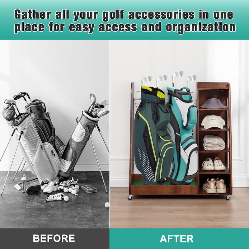 Wooden Golf Bag Organizer and Storage Rack - Holds 2 Golf Bags, 12 Clubs, 4-5 Pairs of Golf Shoes, 50+ Golf Balls