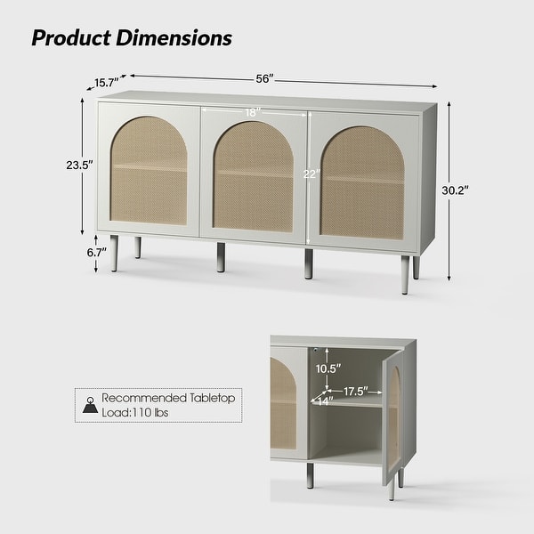 dimension image slide 2 of 4, Ulysses Farmhouse 56"W Storage 3-Door Rattan Sideboard with Adjustable Shelves by HULALA HOME