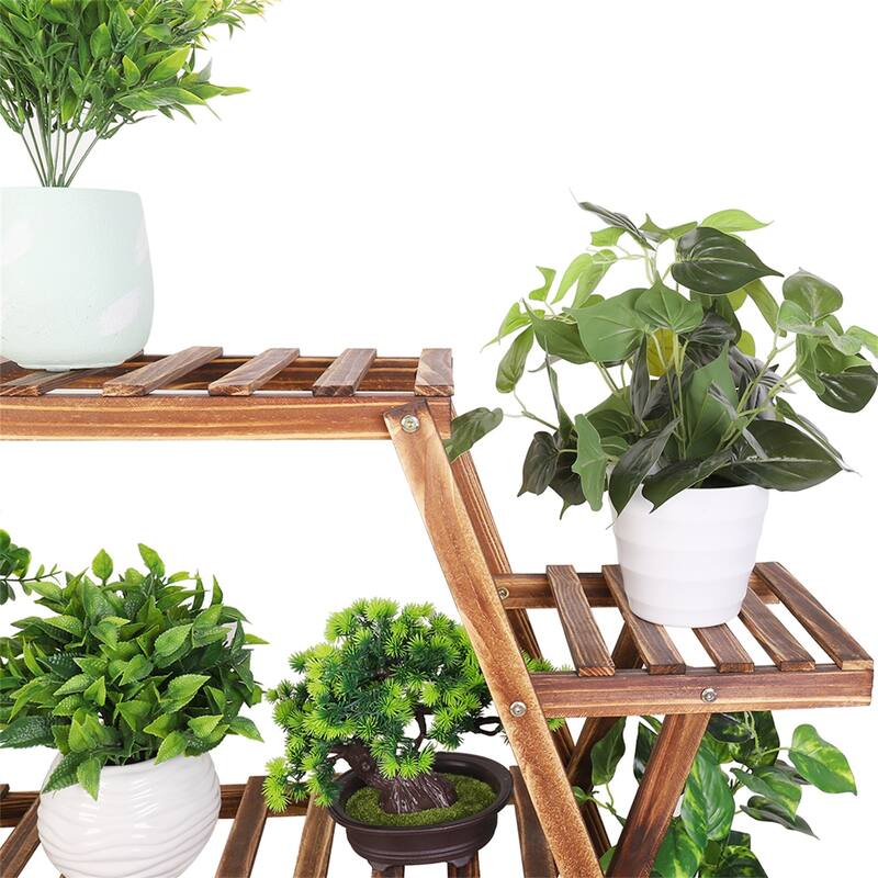 Outdoor Indoor Multi-Tiered Metal Wooden Plant Stand,Planter Flower Pot Garden Shelf Shelving,Dark Brown