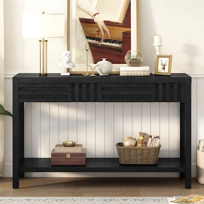 Ash Veneer Console Table with Drawers, Long Entryway Table Accent Table with Open Storage Shelf for Living Room