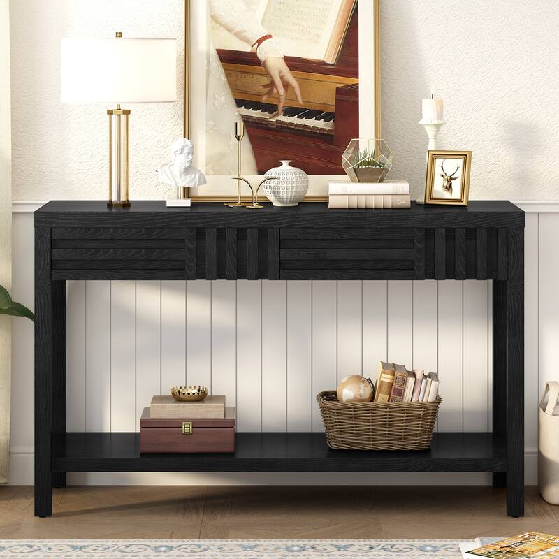 Living Room Wood Entryway Console Table with Striped Design, 51.3" Narrow Long Sofa Table with 2 Drawers and Open Storage Shelf