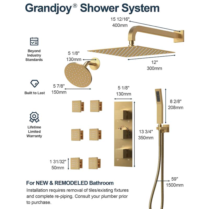 GRANDJOY 12" Wall Mounted Shower System Dual Shower Heads with 6 Body Jets