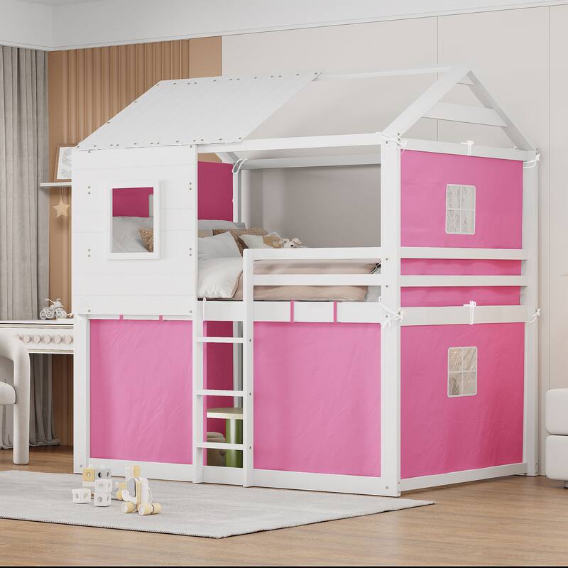 Full Size Kids Playhouse Bunk Bed with Tent Wooden Frame and Sliding Window