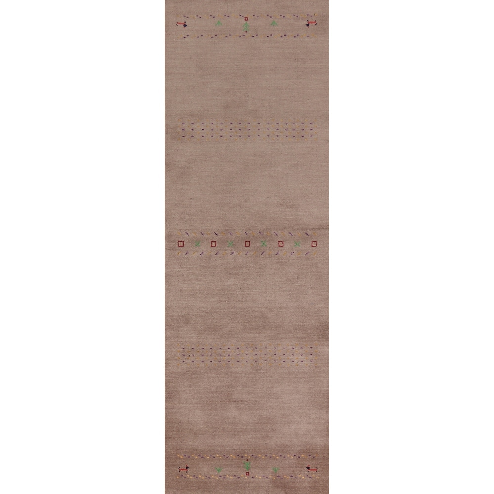 Hand Knotted Oriental 100% Wool Carpet Tribal Tribal Brown Gabbeh Runner Rug - 9' 10'' X 2' 8''
