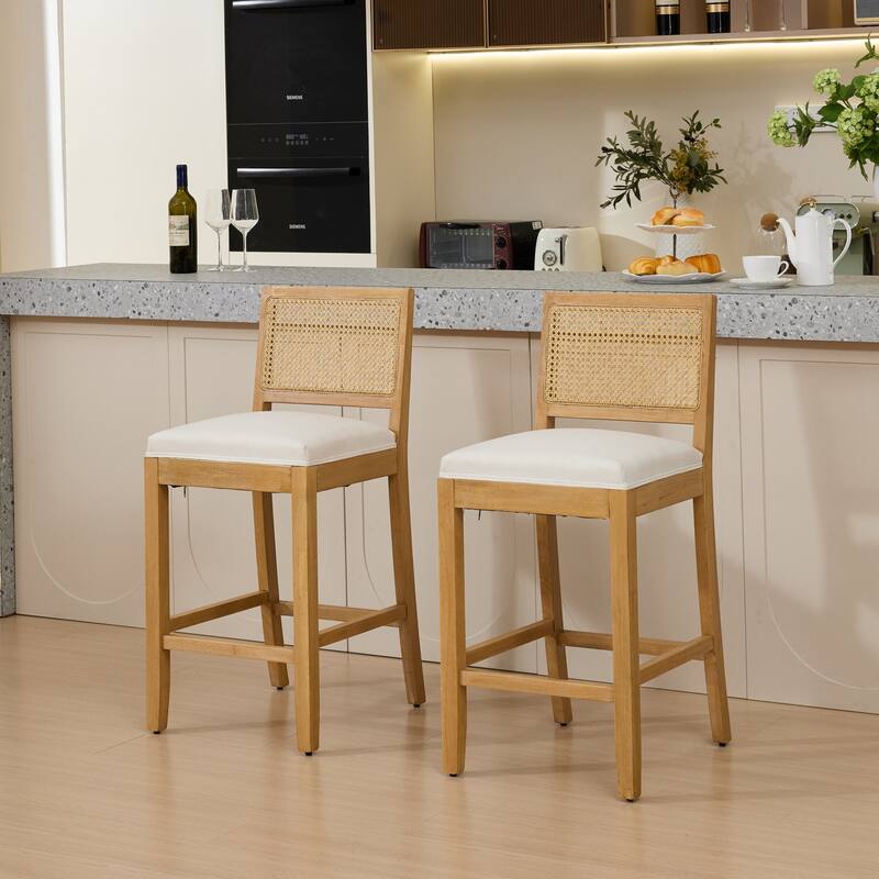 Linen Upholstered Full Solid Wood Bar Stools Set of 2, Bar Stool with Rattan Back, Breakfast Bar Chairs with Footstool