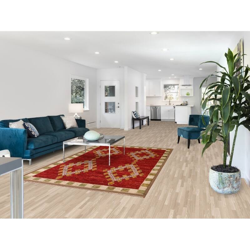 Hand Knotted Oriental 100% Wool Carpet Modern Geometric Red Moroccan Area Rug - 8' 2'' X 5' 5''