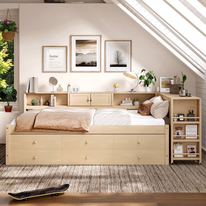Full/Twin Daybed with Trundle & Storage Drawers - Wood Frame with Side Shelves and Desk