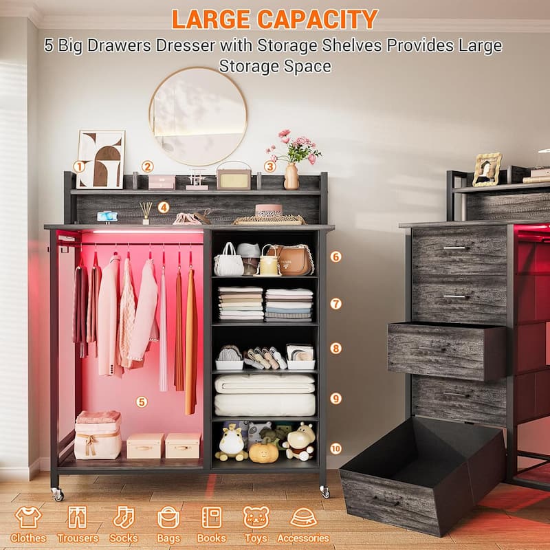 5 Drawers Dresser with Charging Station & LED Lights, Chest of Drawers with Hanging Rod ＆ Lockable Wheels ＆ Storage Shelves